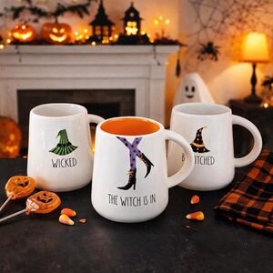 Rae Dunn Halloween Witch Mugs Ceramic Set of 3 Whimsical Double-Sided Vintage